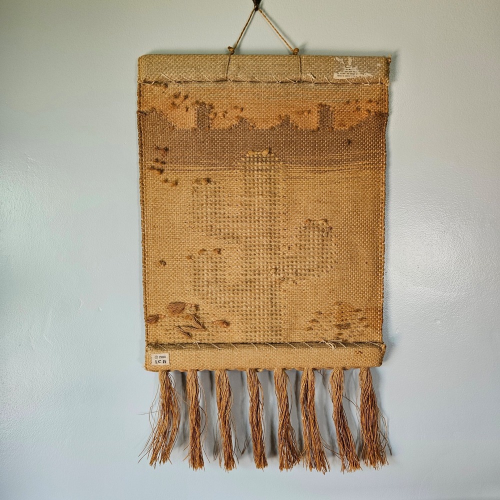 Vintage 1986 ICA Woven Jute Wall Hanging Saguaro Cactus Turquoise Beads Art 80s - Picture 5 of 7